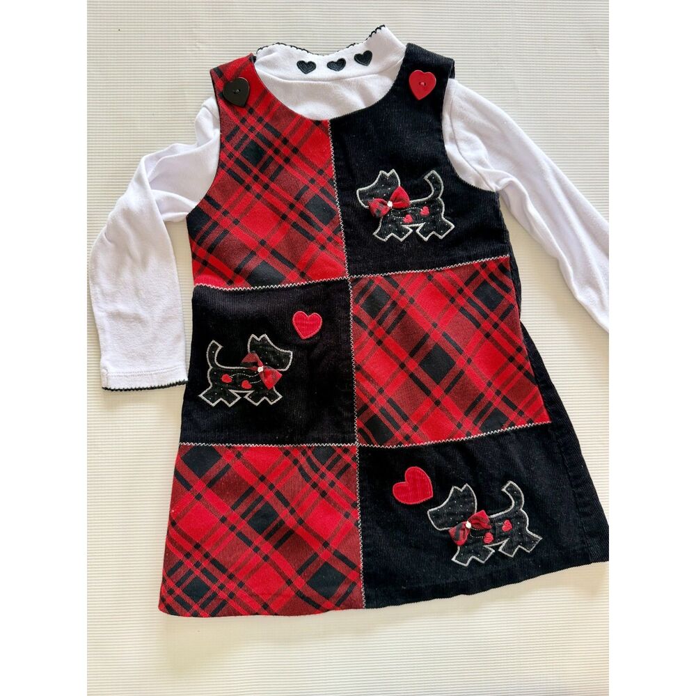 Bonnie Jean Girls 3T Scottie Dog Red Plaid Corduroy Christmas Holiday Dress